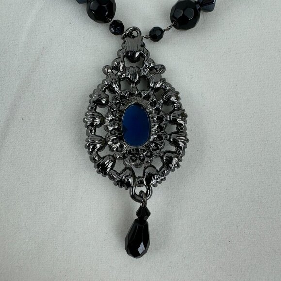 Vintage NR Pendant Necklace Dangle Earrings Set Gunmetal Midnight Blue Metallic - Picture 6 of 16
